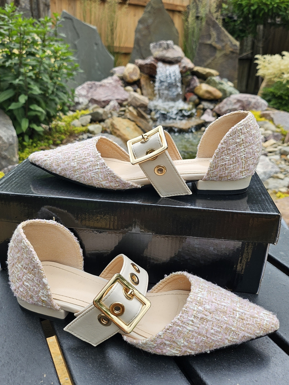 SHEIN Pink Tweed Pointed D'Orsay Flats with Cream Strap and Gold Buckle - Picture 2 of 5